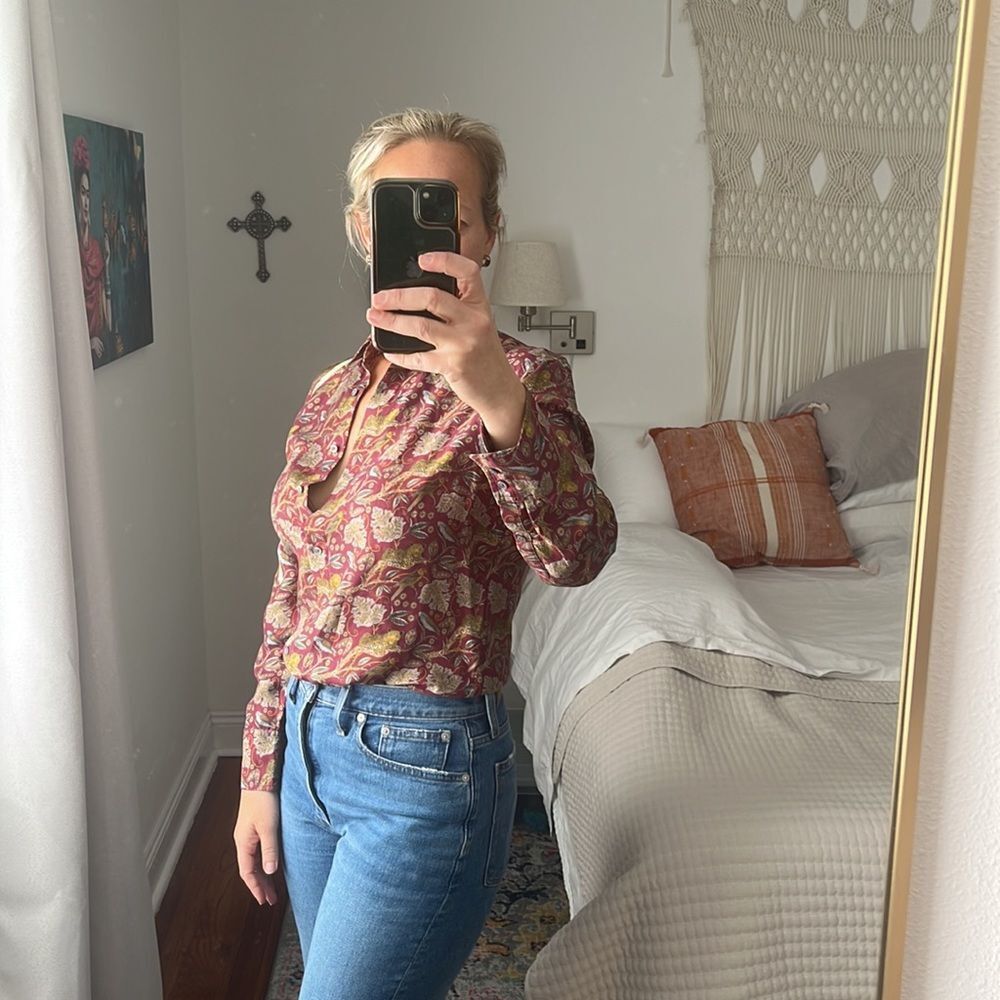J Crew Silk Button Down Shirt Womens Size 6 Paisley Red Gold - Picture 4 of 8